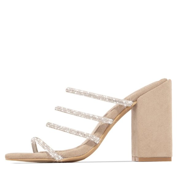 🔥Nude Rhinestone Strap Chunky Heel Mule Sandal - Picture 3 of 8